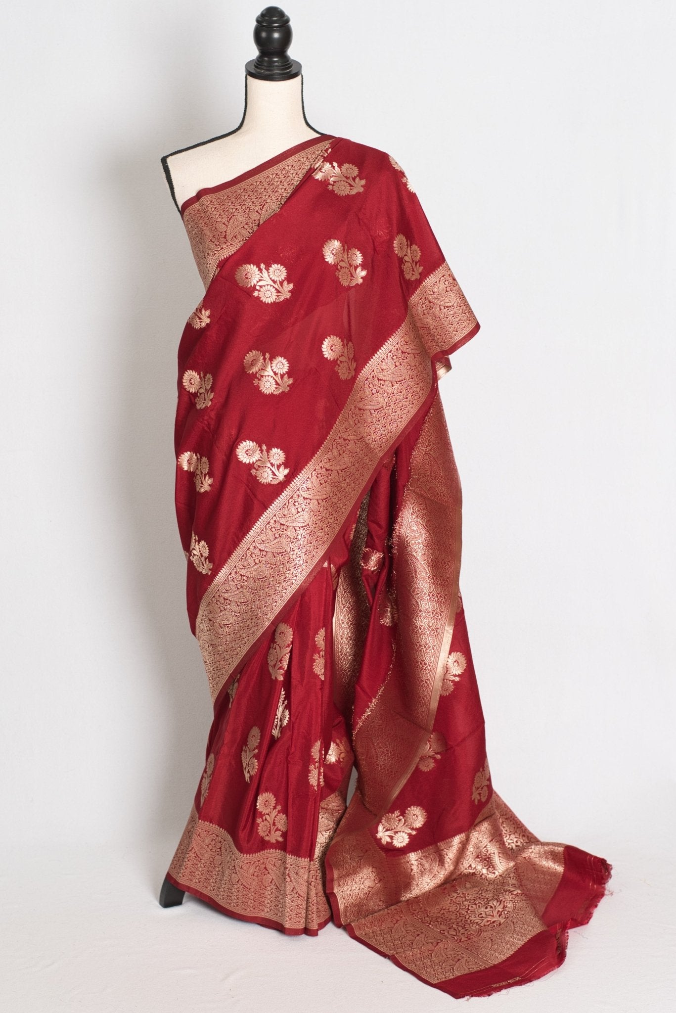 Lakshmi : Dark Red Semi Crepe Banarasi Saree with Water Gold Zari - Saree Mandi