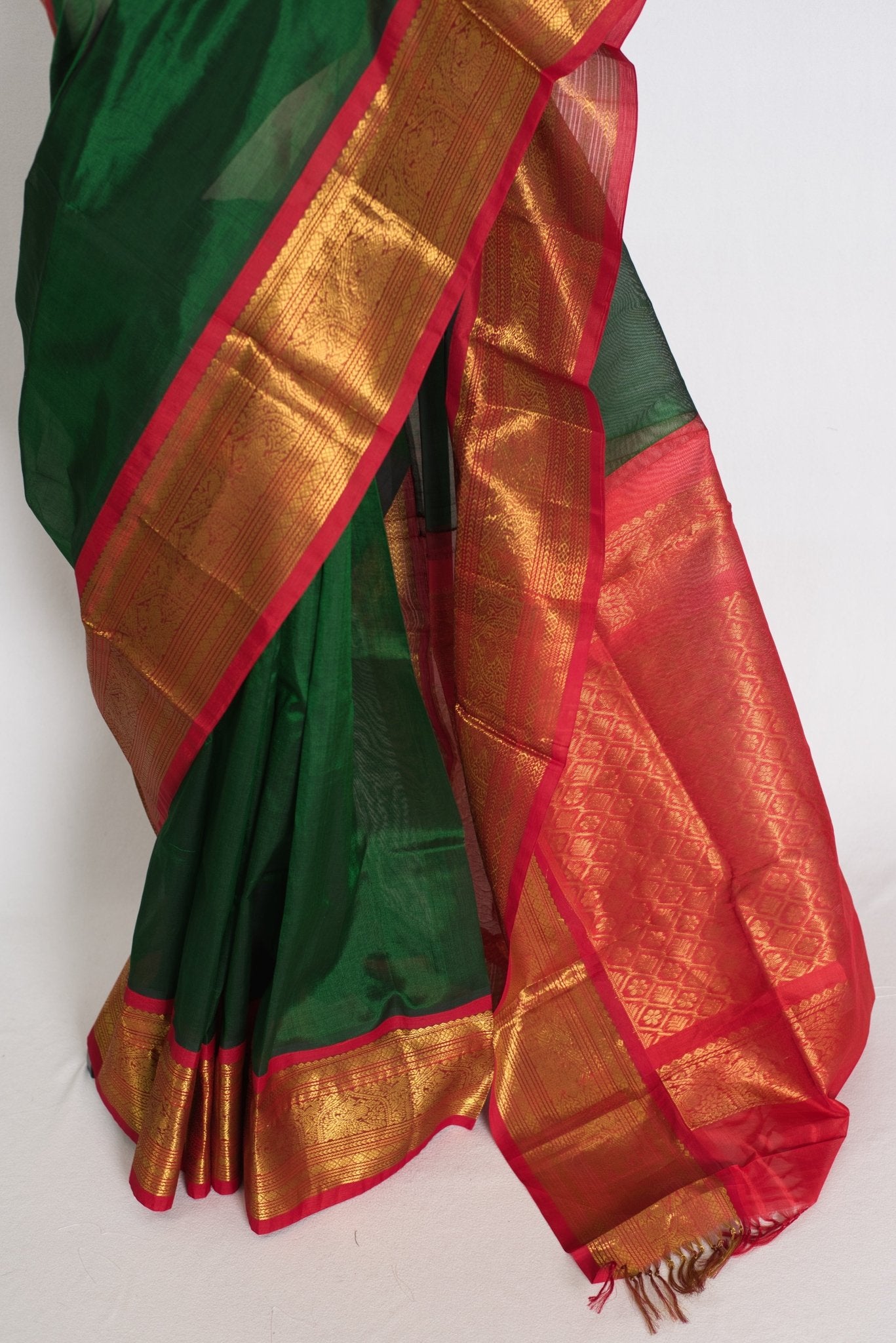 Latha : Bottle Green and Red Cotton Silk Kanjivaram Saree with 36 Size Blouse - Saree Mandi