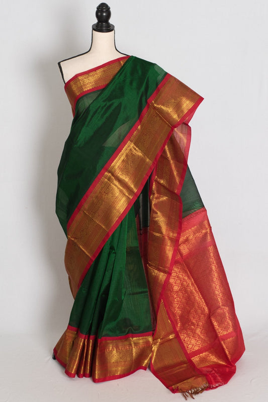 Latha : Bottle Green and Red Cotton Silk Kanjivaram Saree with 36 Size Blouse - Saree Mandi