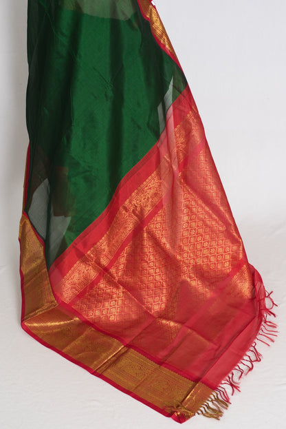 Latha : Bottle Green and Red Cotton Silk Kanjivaram Saree with 36 Size Blouse - Saree Mandi