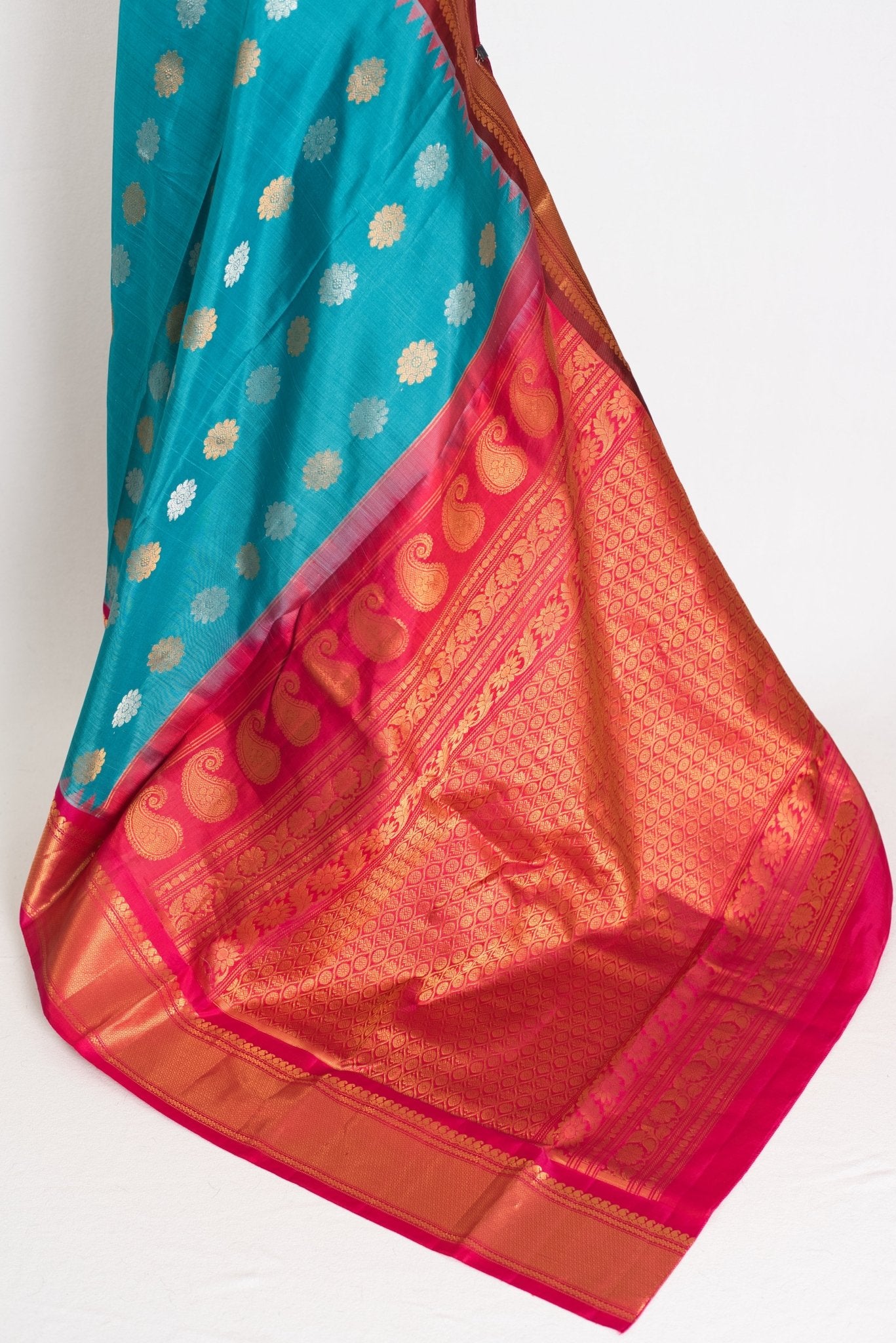 Leena: Cerulean Blue Ganga Jamuna Gadwal Silk Saree with Brown & Pink Border - Saree Mandi