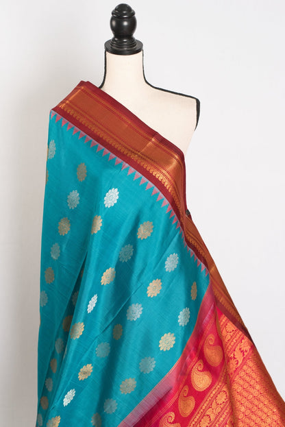 Leena: Cerulean Blue Ganga Jamuna Gadwal Silk Saree with Brown & Pink Border - Saree Mandi