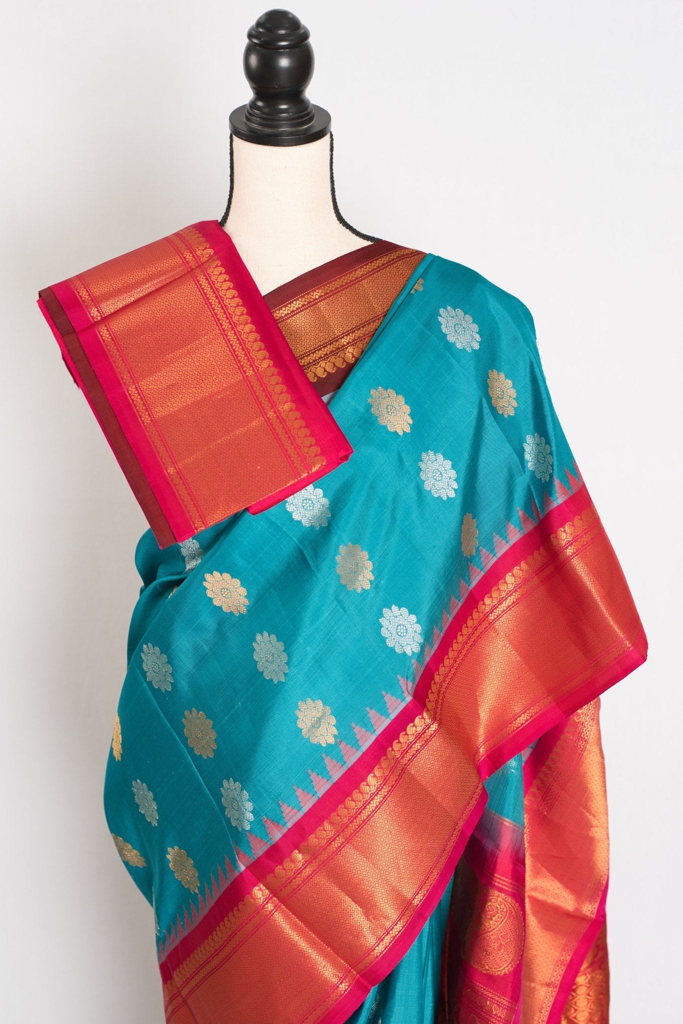 Leena: Cerulean Blue Ganga Jamuna Gadwal Silk Saree with Brown & Pink Border - Saree Mandi