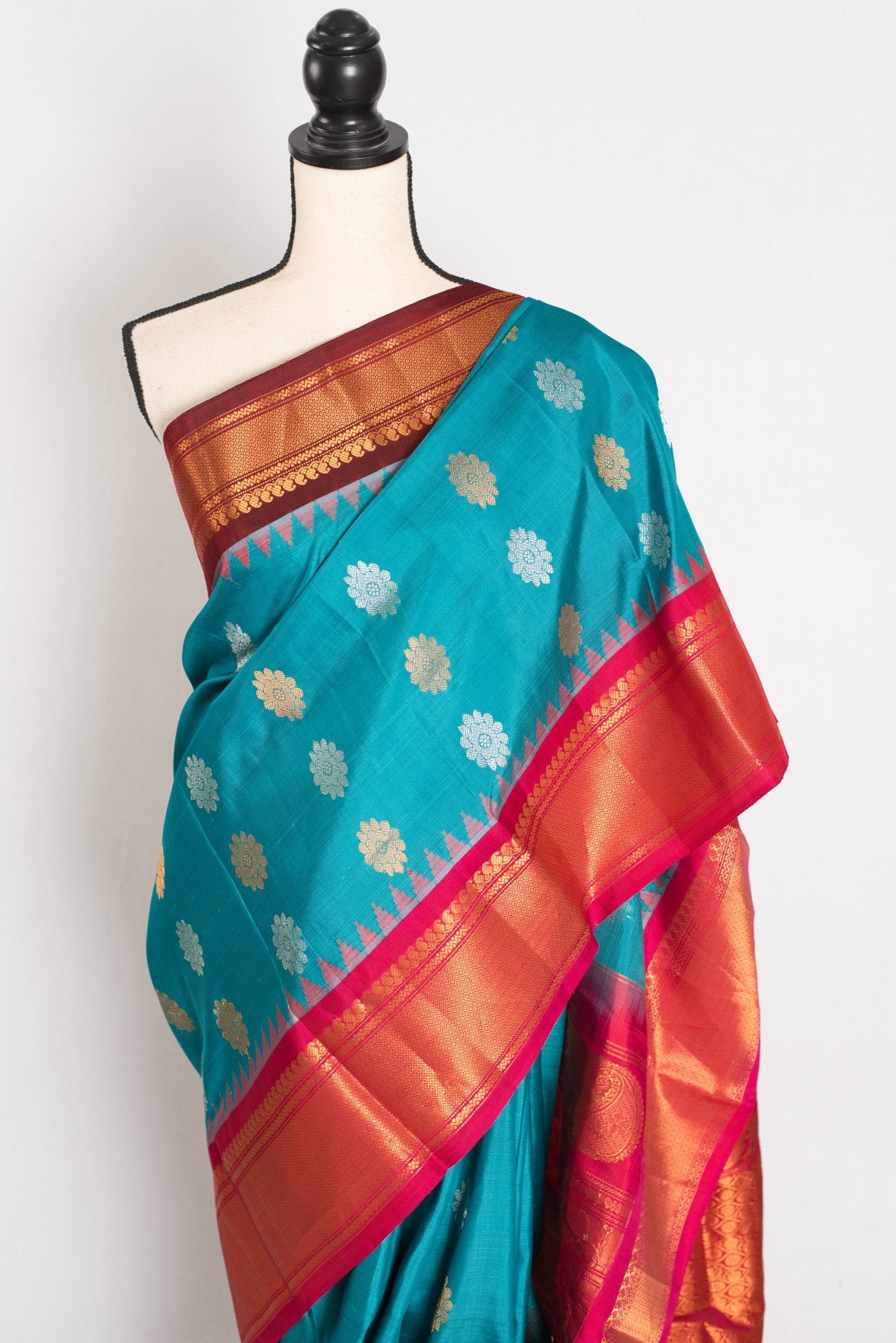 Leena: Cerulean Blue Ganga Jamuna Gadwal Silk Saree with Brown & Pink Border - Saree Mandi