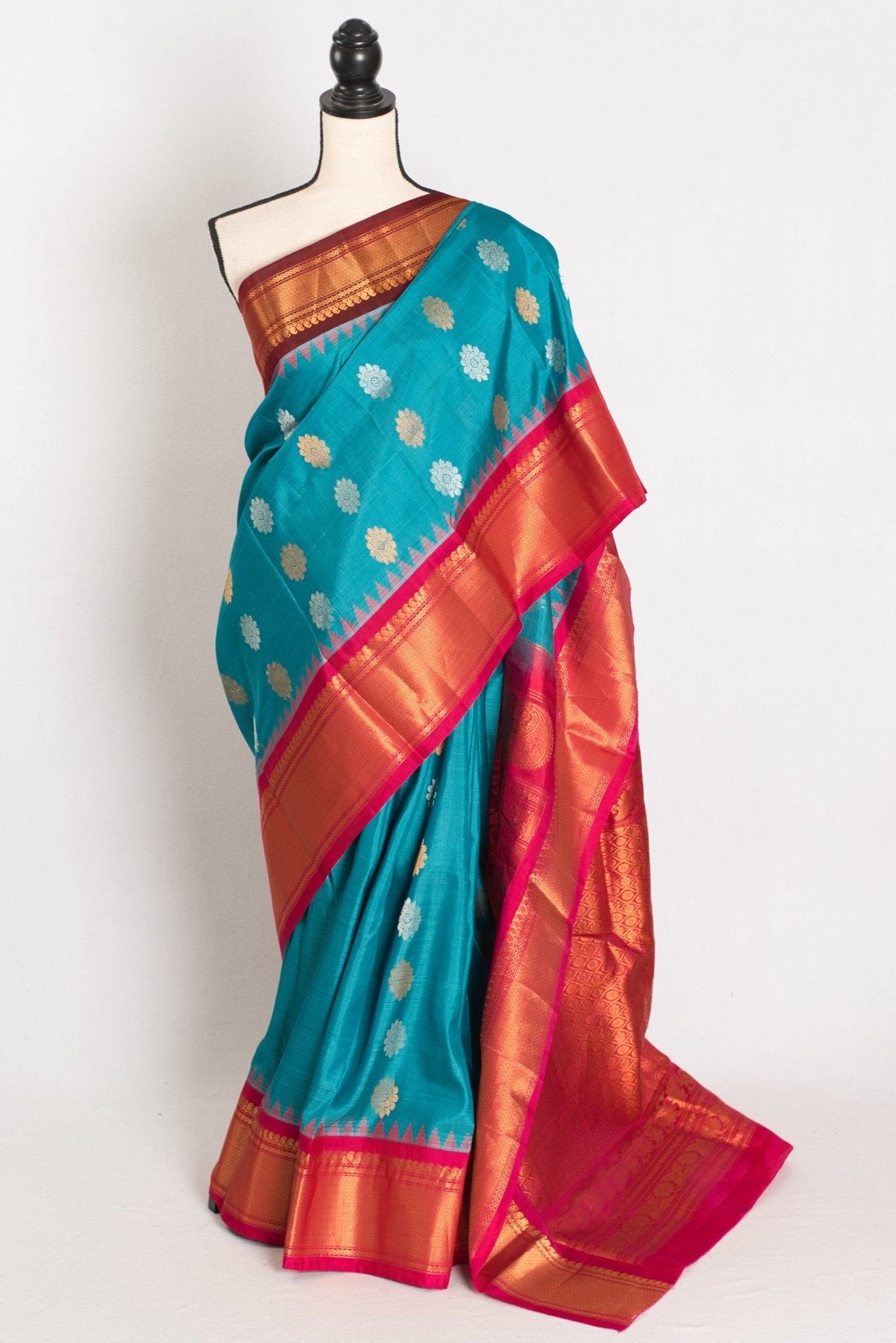 Leena: Cerulean Blue Ganga Jamuna Gadwal Silk Saree with Brown & Pink Border - Saree Mandi