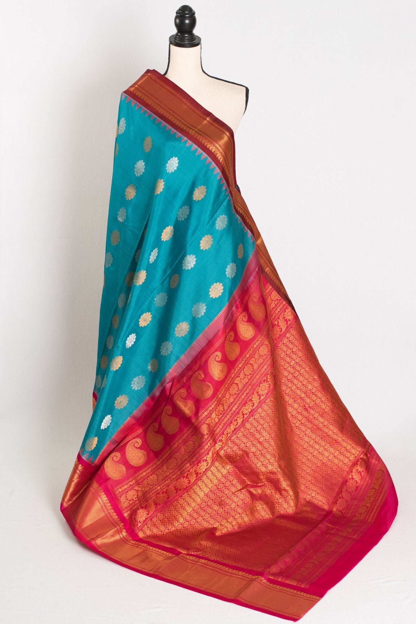 Leena: Cerulean Blue Ganga Jamuna Gadwal Silk Saree with Brown & Pink Border - Saree Mandi