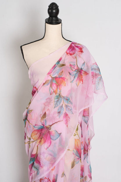 Lia : Pink Floral Printed Chiffon Saree – Budget-Friendly Summer Drape - Saree Mandi