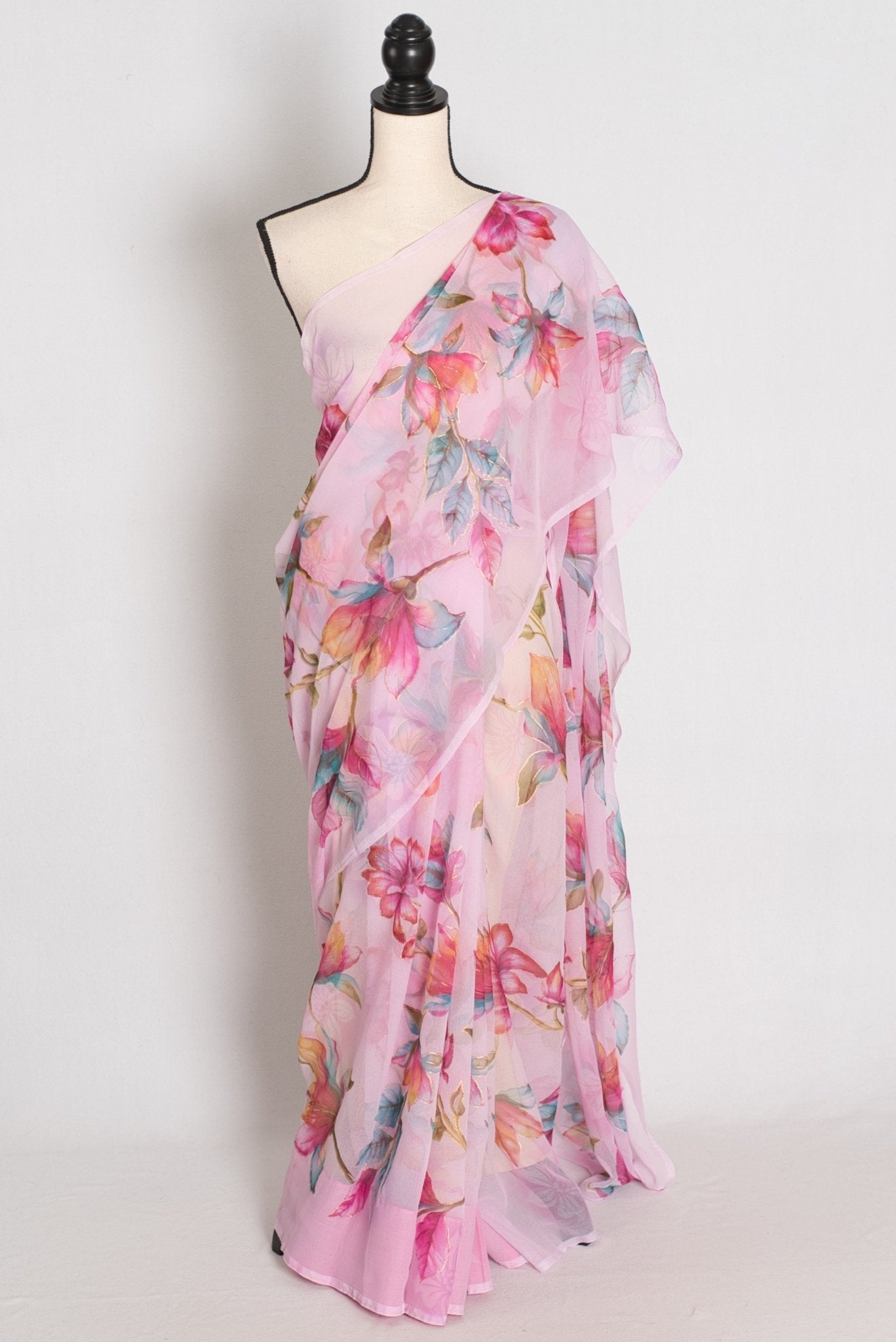 Lia : Pink Floral Printed Chiffon Saree – Budget-Friendly Summer Drape - Saree Mandi