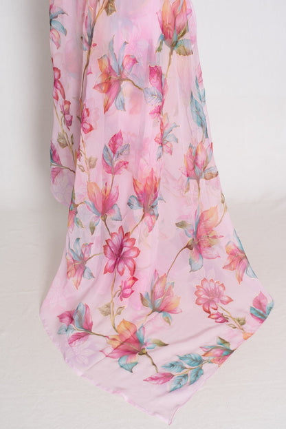 Lia : Pink Floral Printed Chiffon Saree – Budget-Friendly Summer Drape - Saree Mandi