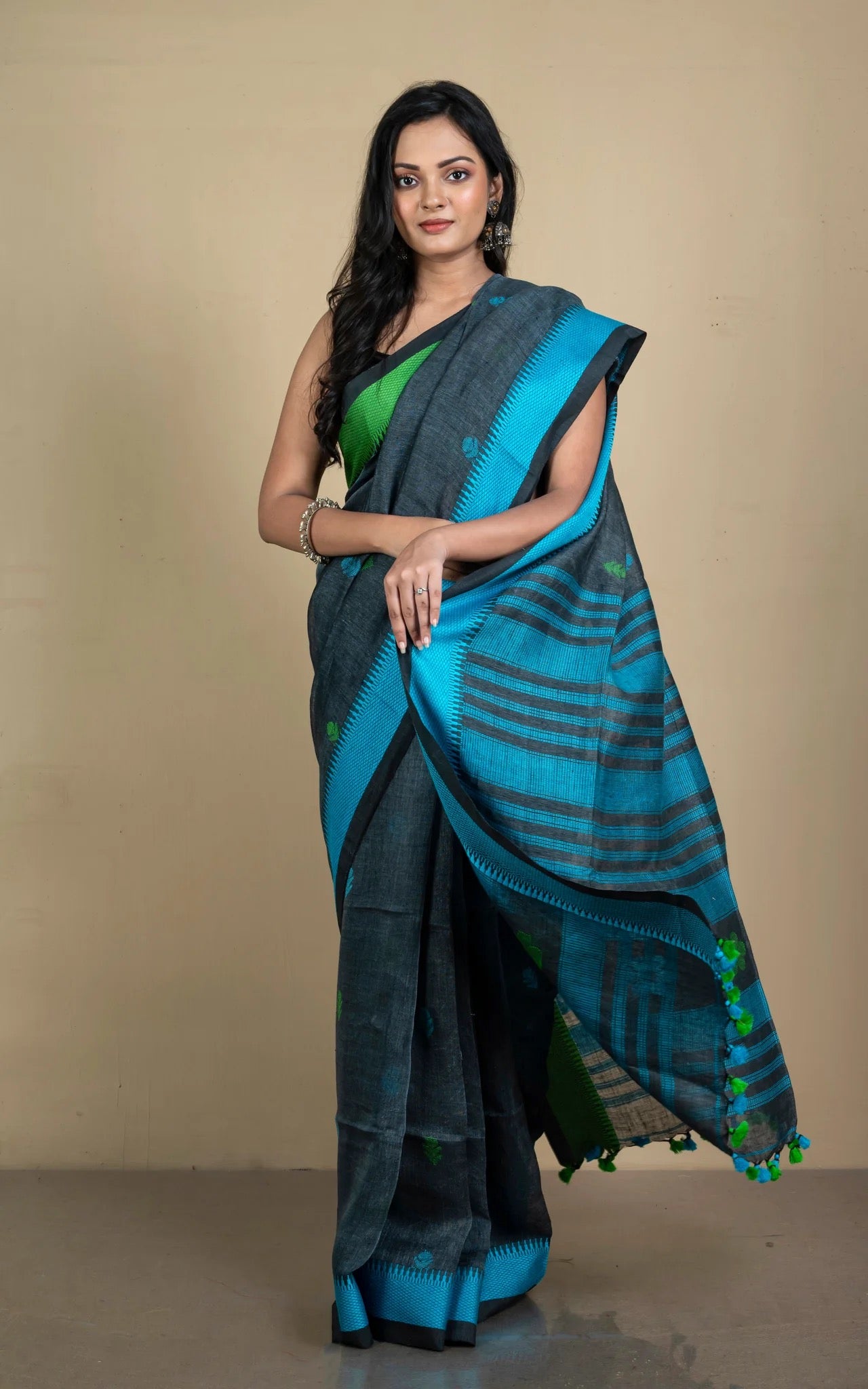 Linen Jamdani Saree in Pewter Grey, Strobe Blue and Kelly Green.