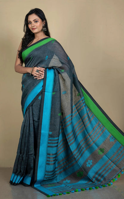 Linen Jamdani Saree in Pewter Grey, Strobe Blue and Kelly Green.