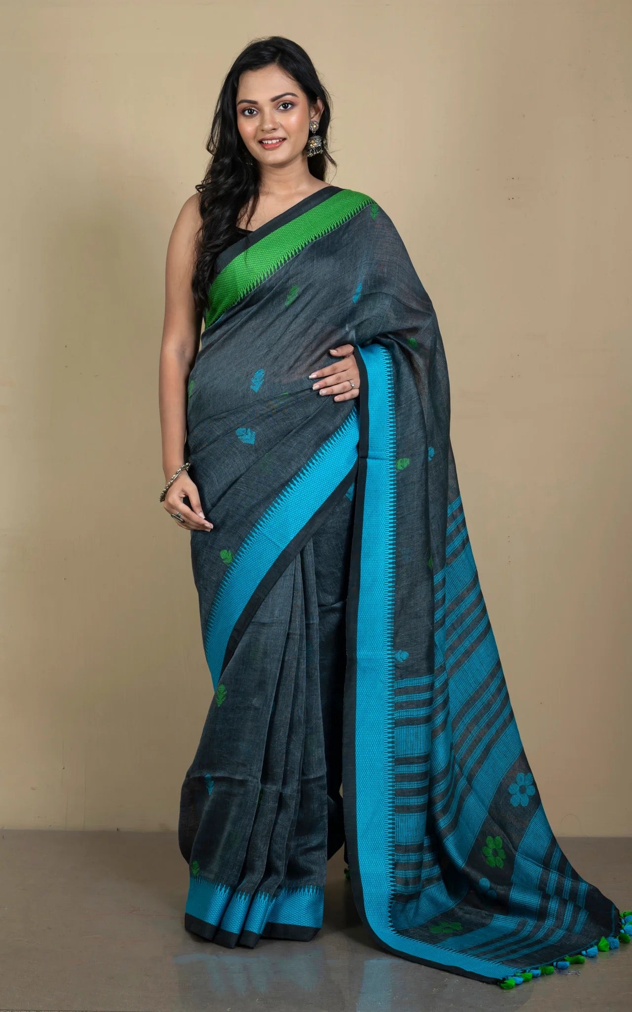 Linen Jamdani Saree in Pewter Grey, Strobe Blue and Kelly Green.