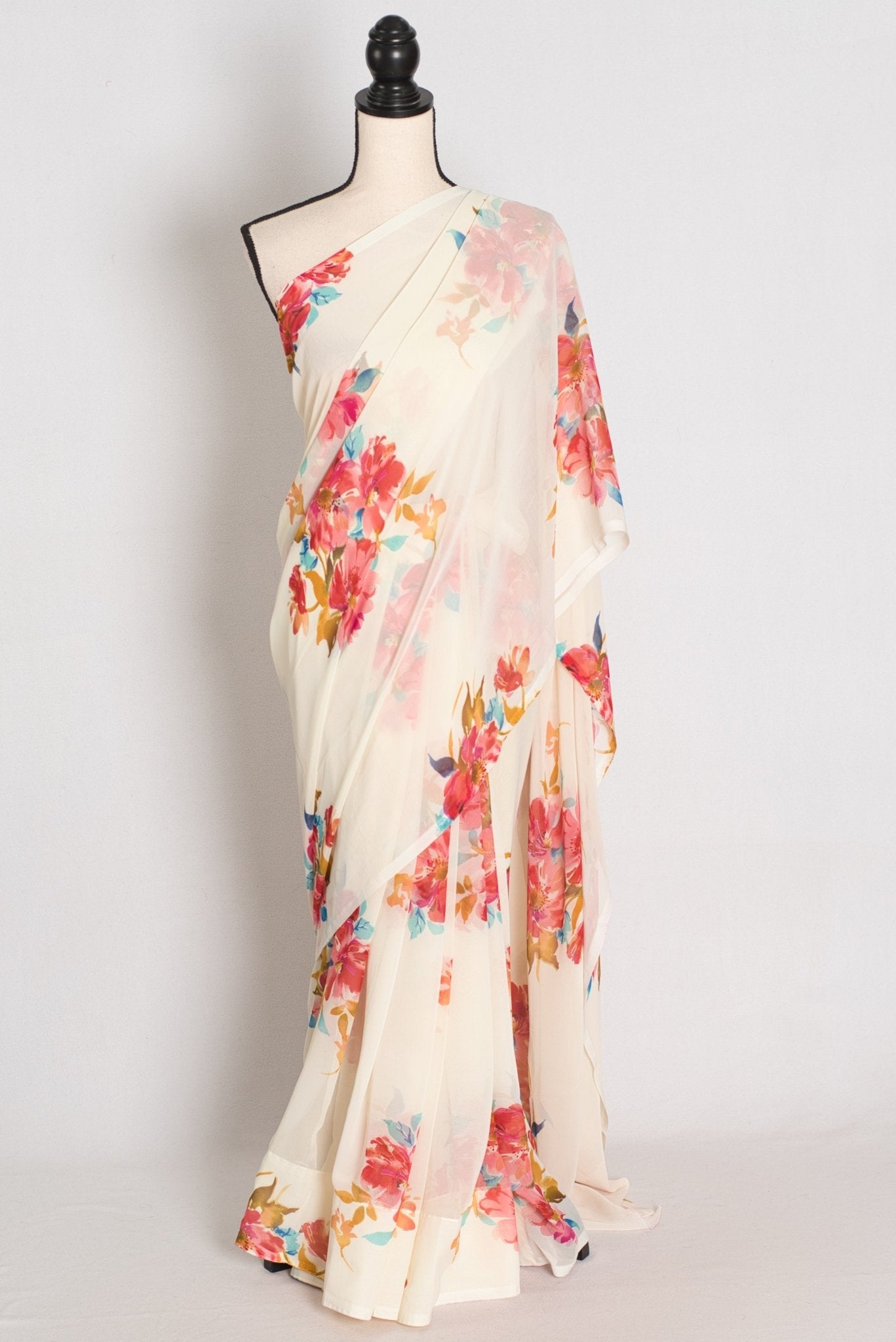 Liza : Cream and Red Floral Printed Chiffon Georgette Saree - Saree Mandi