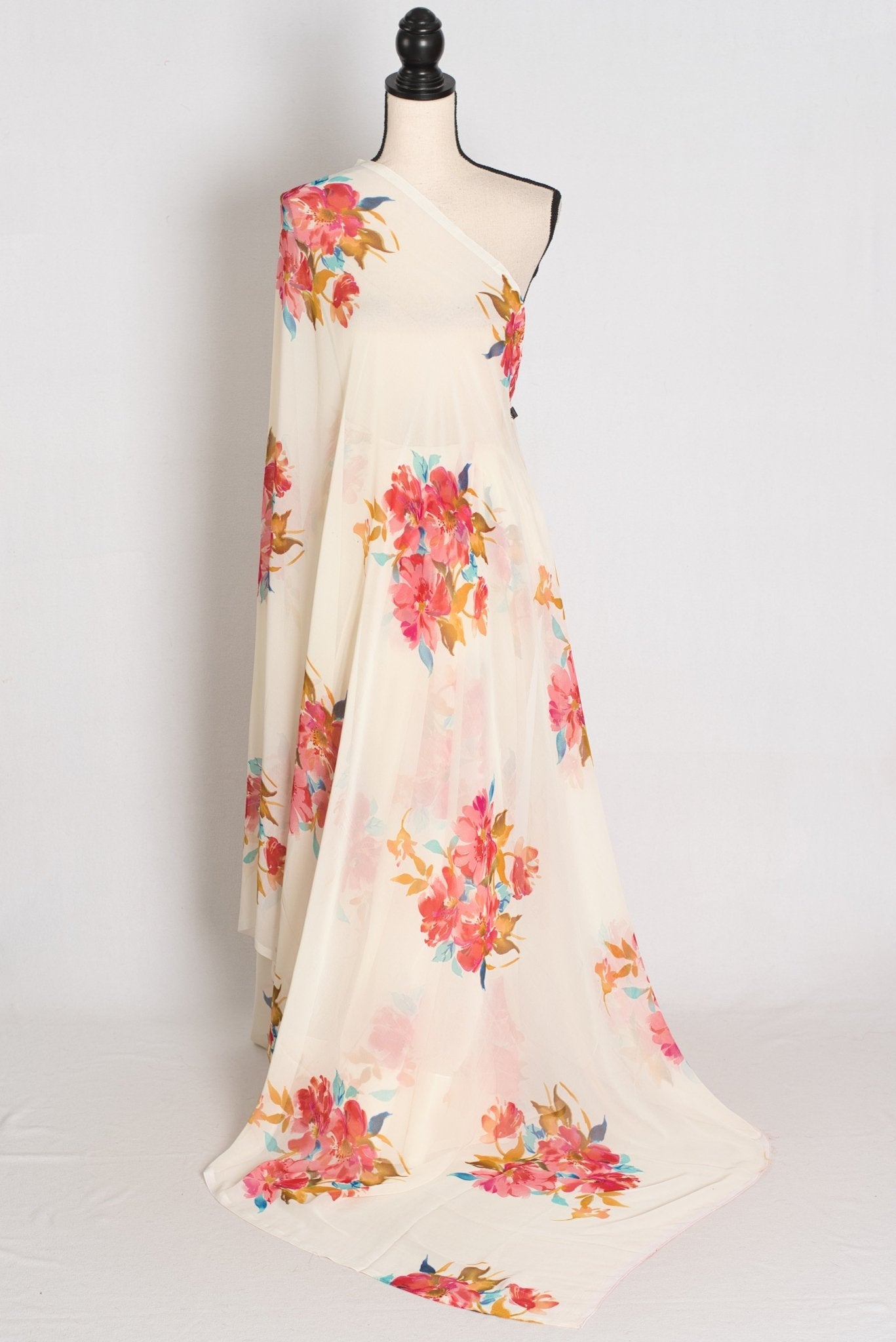 Liza : Cream and Red Floral Printed Chiffon Georgette Saree - Saree Mandi
