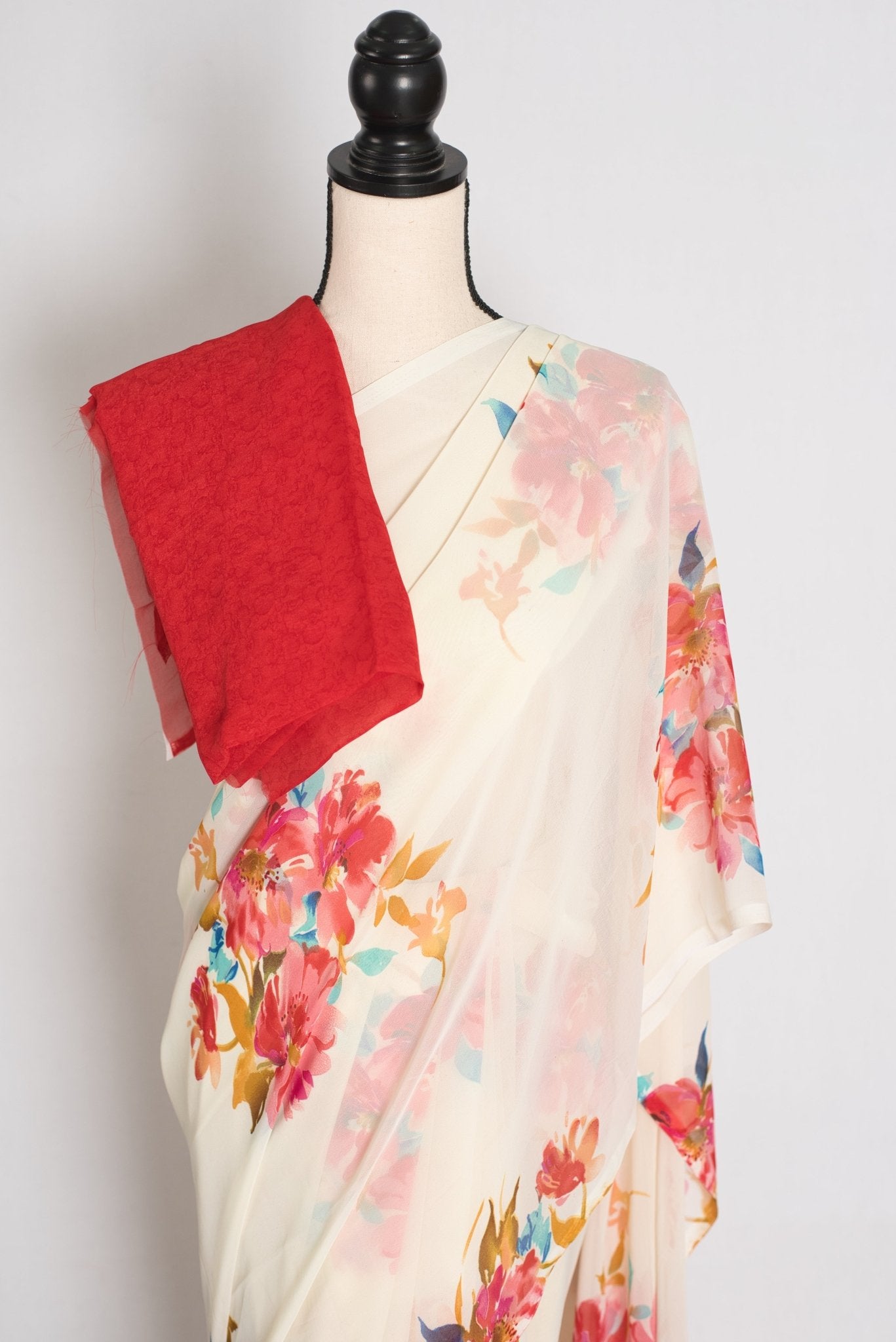 Liza : Cream and Red Floral Printed Chiffon Georgette Saree - Saree Mandi