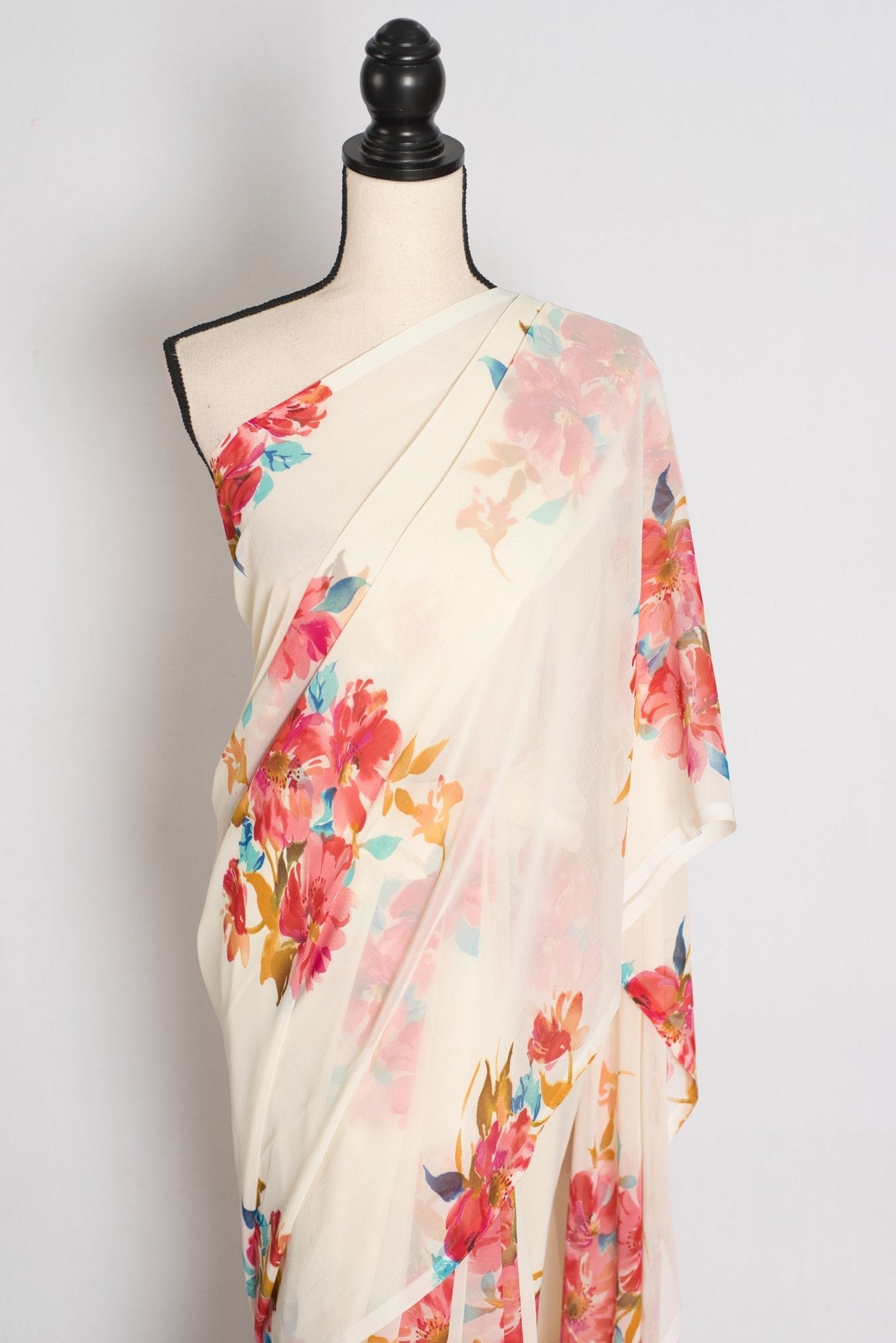 Liza : Cream and Red Floral Printed Chiffon Georgette Saree - Saree Mandi