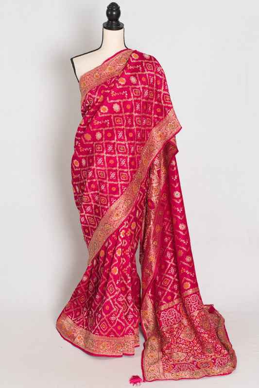 Liza | Dark Pink Hand Embroidery Soft Dola Silk Banarasi Saree - Saree Mandi