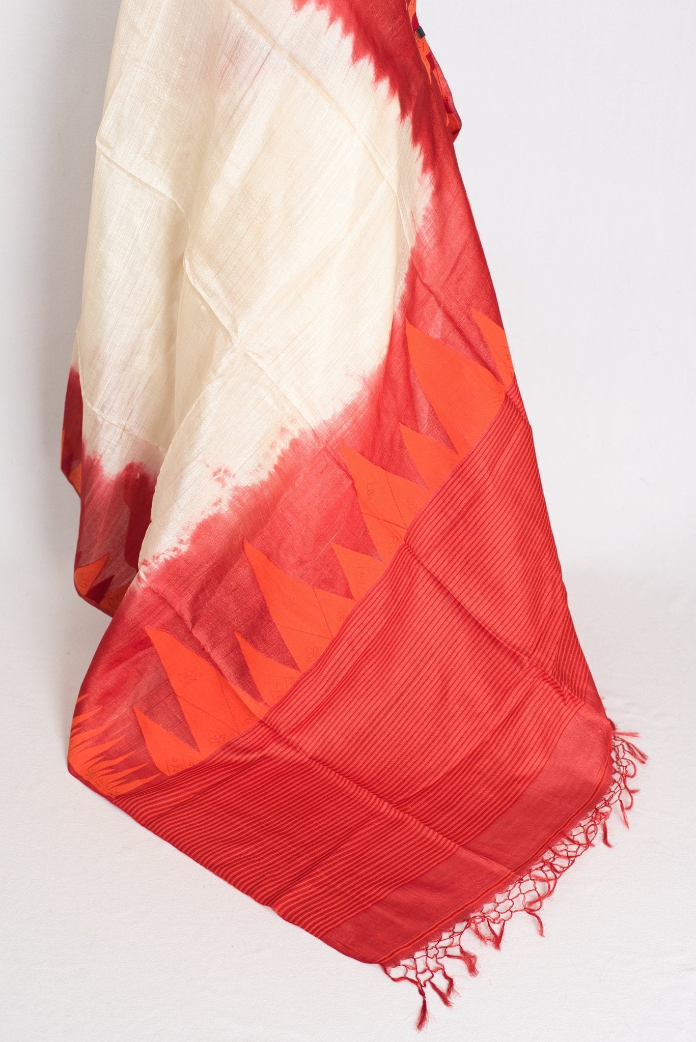 Madhabi: Cream & Red Bengal Tussar Silk Saree | Silk Mark Certified - Saree Mandi