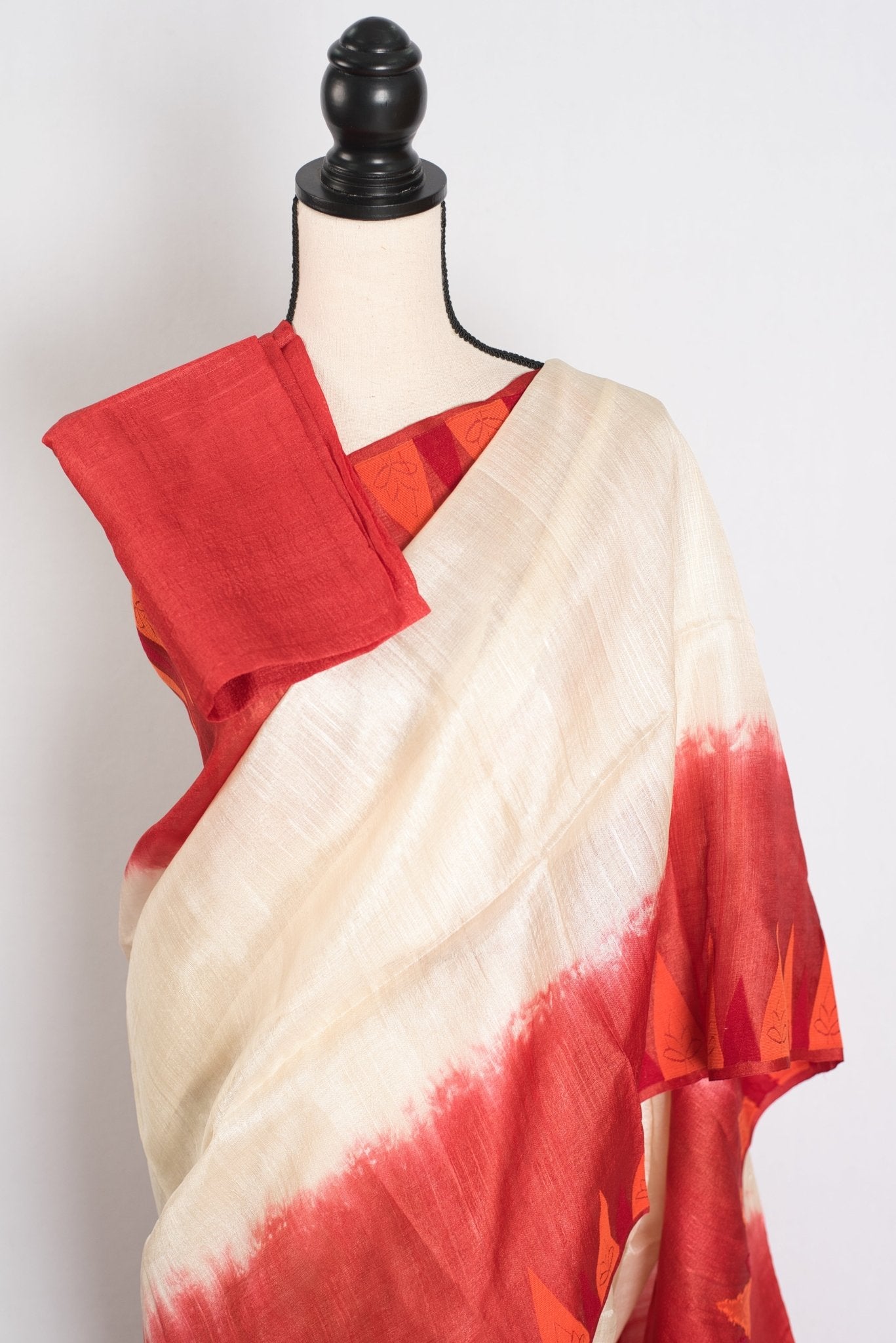 Madhabi: Cream & Red Bengal Tussar Silk Saree | Silk Mark Certified - Saree Mandi