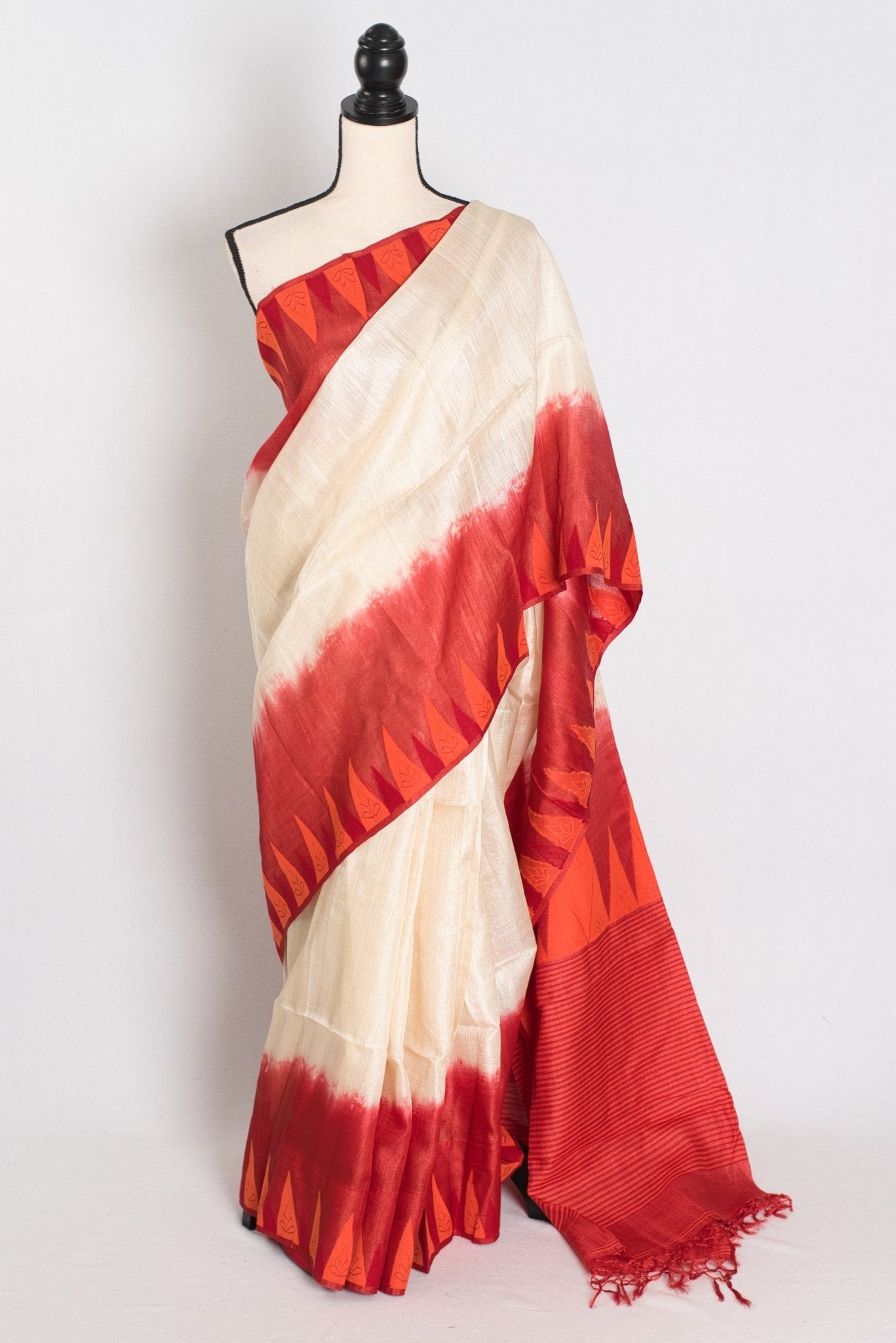 Madhabi: Cream & Red Bengal Tussar Silk Saree | Silk Mark Certified - Saree Mandi