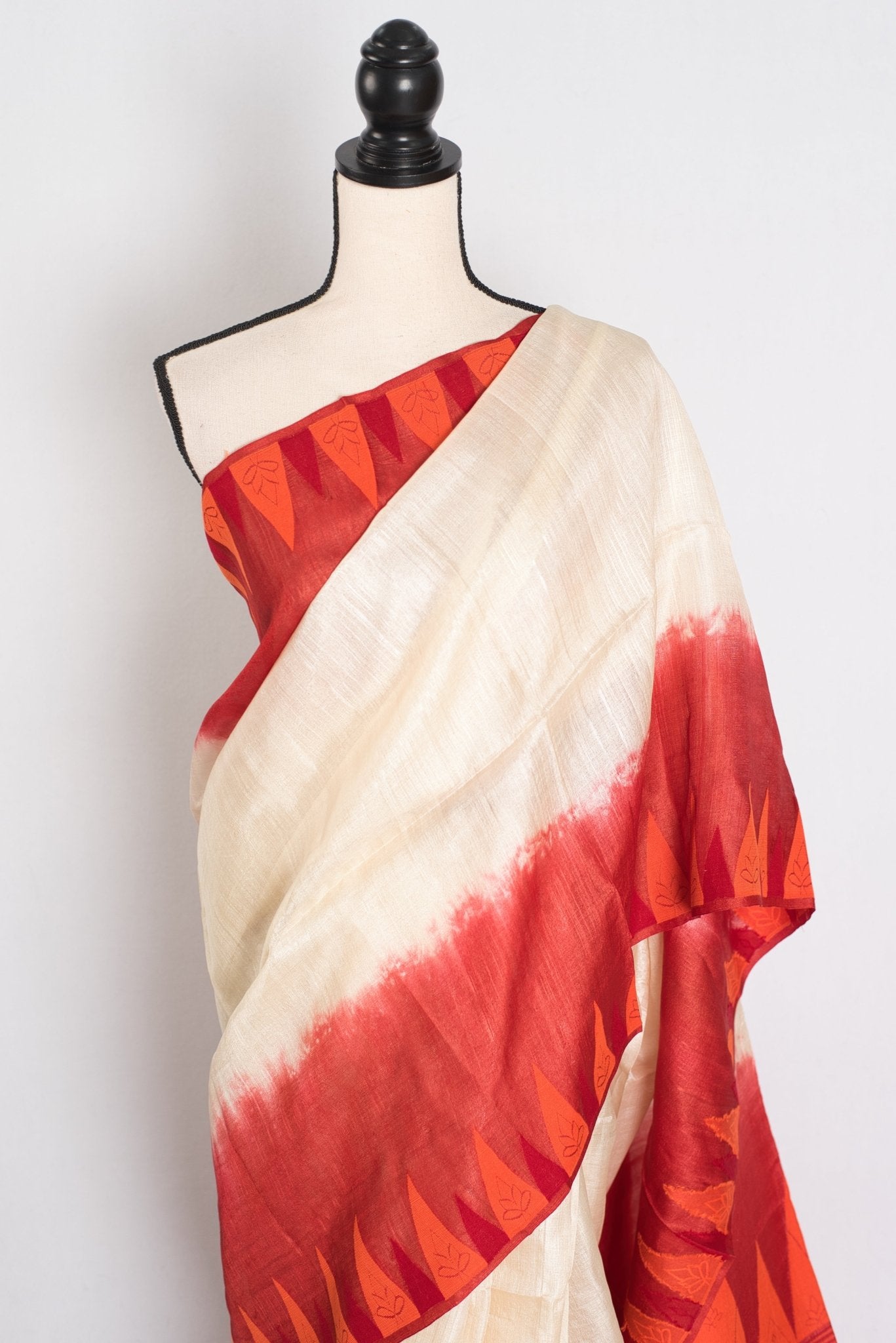 Madhabi: Cream & Red Bengal Tussar Silk Saree | Silk Mark Certified - Saree Mandi