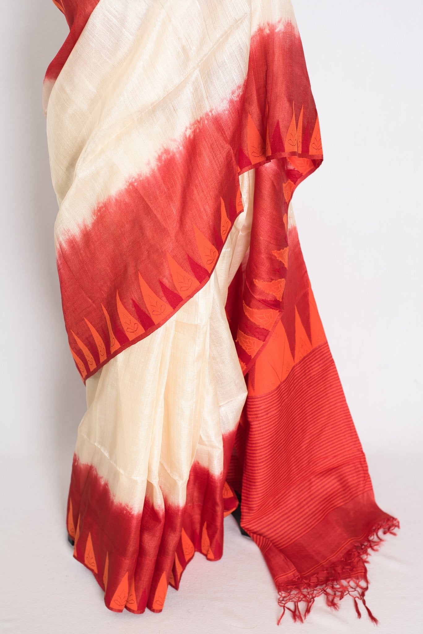 Madhabi: Cream & Red Bengal Tussar Silk Saree | Silk Mark Certified - Saree Mandi