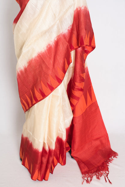Madhabi: Cream & Red Bengal Tussar Silk Saree | Silk Mark Certified - Saree Mandi