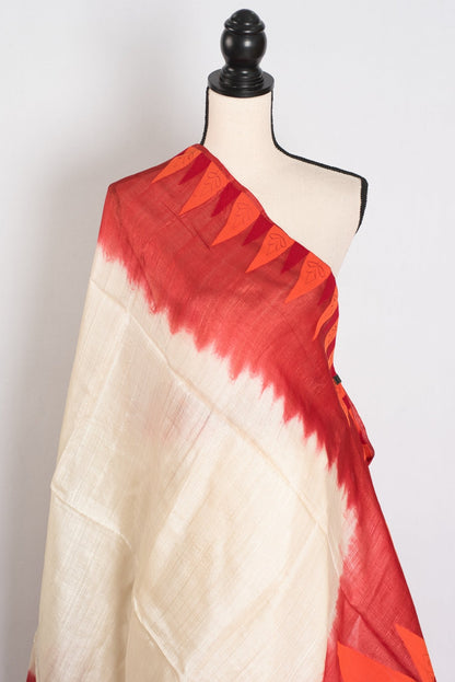 Madhabi: Cream & Red Bengal Tussar Silk Saree | Silk Mark Certified - Saree Mandi