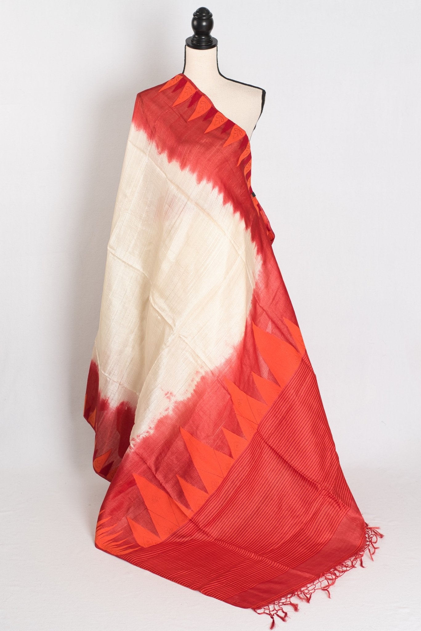 Madhabi: Cream & Red Bengal Tussar Silk Saree | Silk Mark Certified - Saree Mandi