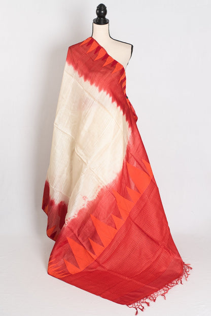 Madhabi: Cream & Red Bengal Tussar Silk Saree | Silk Mark Certified - Saree Mandi