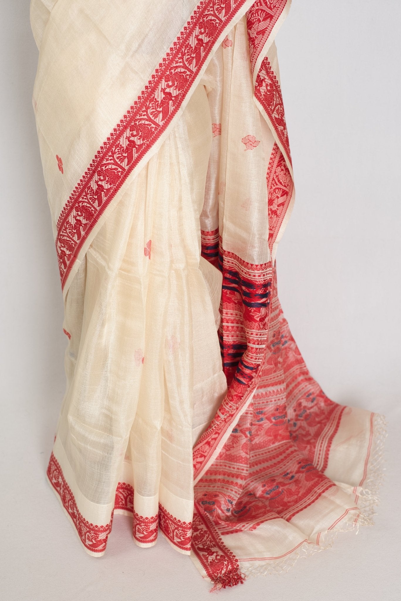 Madhabi : Silk Mark Cream & Red Tussar Silk Saree | Traditional Bengali Look - Saree Mandi
