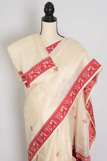 Madhabi : Silk Mark Cream & Red Tussar Silk Saree | Traditional Bengali Look - Saree Mandi