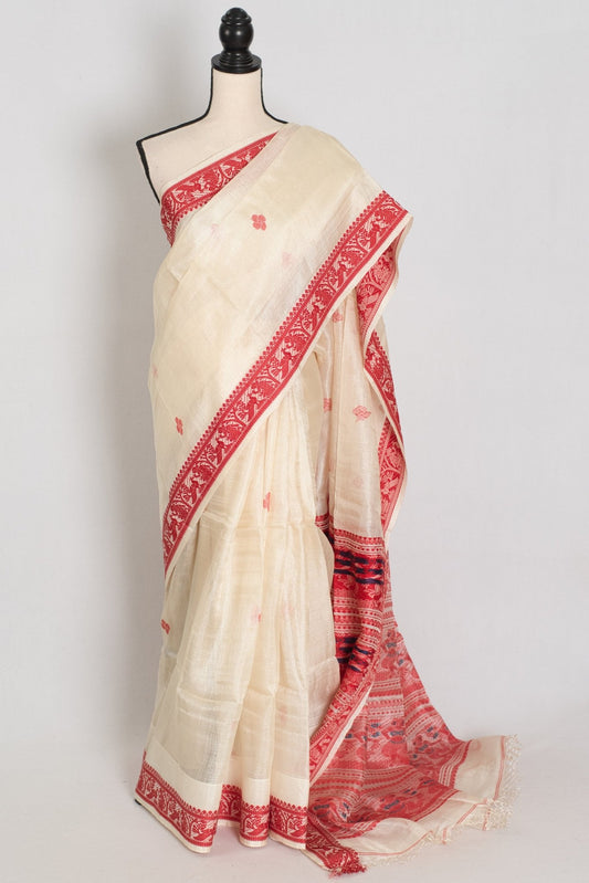 Madhabi : Silk Mark Cream & Red Tussar Silk Saree | Traditional Bengali Look - Saree Mandi