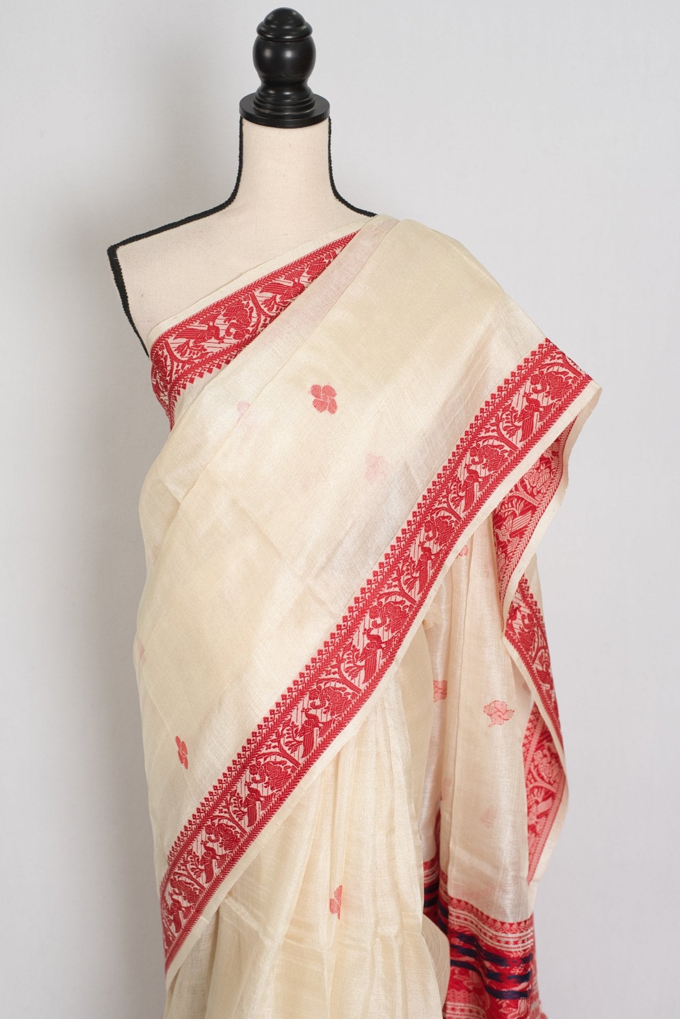 Madhabi : Silk Mark Cream & Red Tussar Silk Saree | Traditional Bengali Look - Saree Mandi