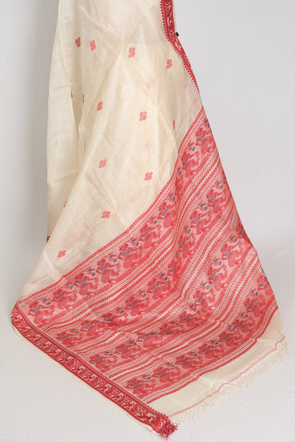 Madhabi : Silk Mark Cream & Red Tussar Silk Saree | Traditional Bengali Look - Saree Mandi