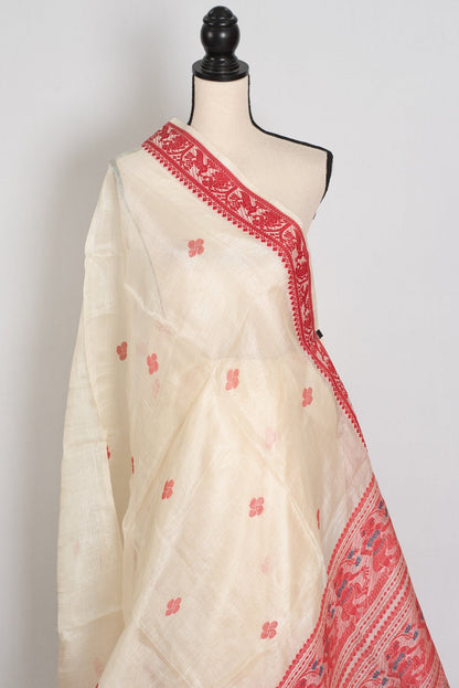 Madhabi : Silk Mark Cream & Red Tussar Silk Saree | Traditional Bengali Look - Saree Mandi