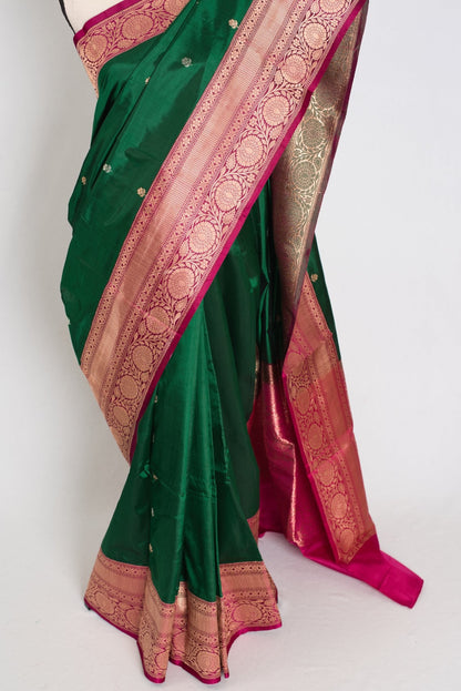 Mahi : Silk Mark Certified Katan Banarasi Saree in Green and Magenta - Saree Mandi