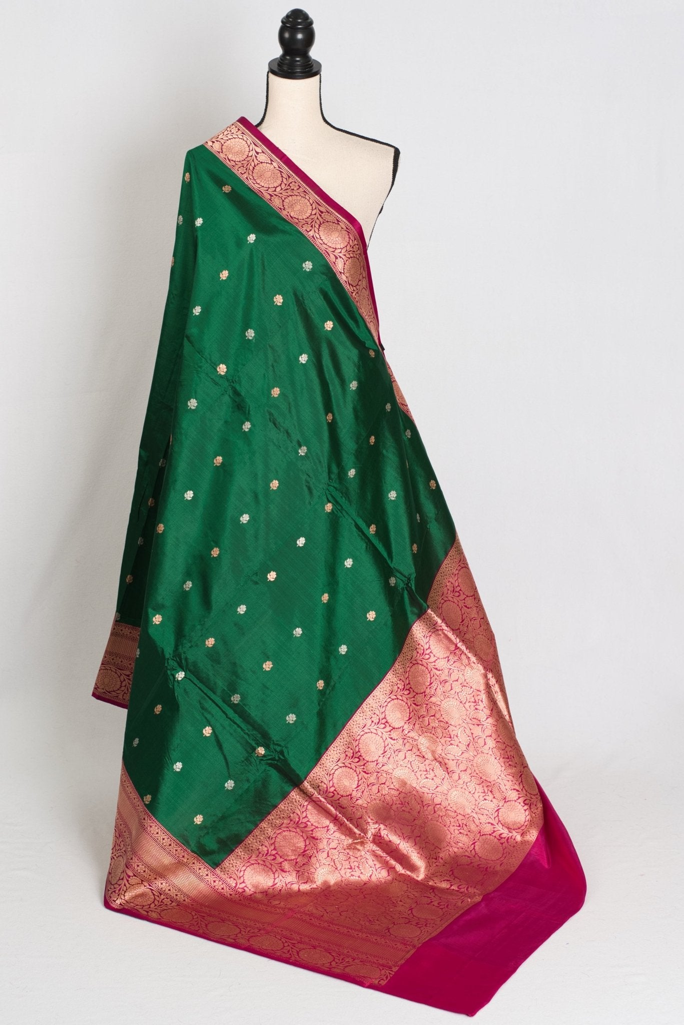Mahi : Silk Mark Certified Katan Banarasi Saree in Green and Magenta - Saree Mandi