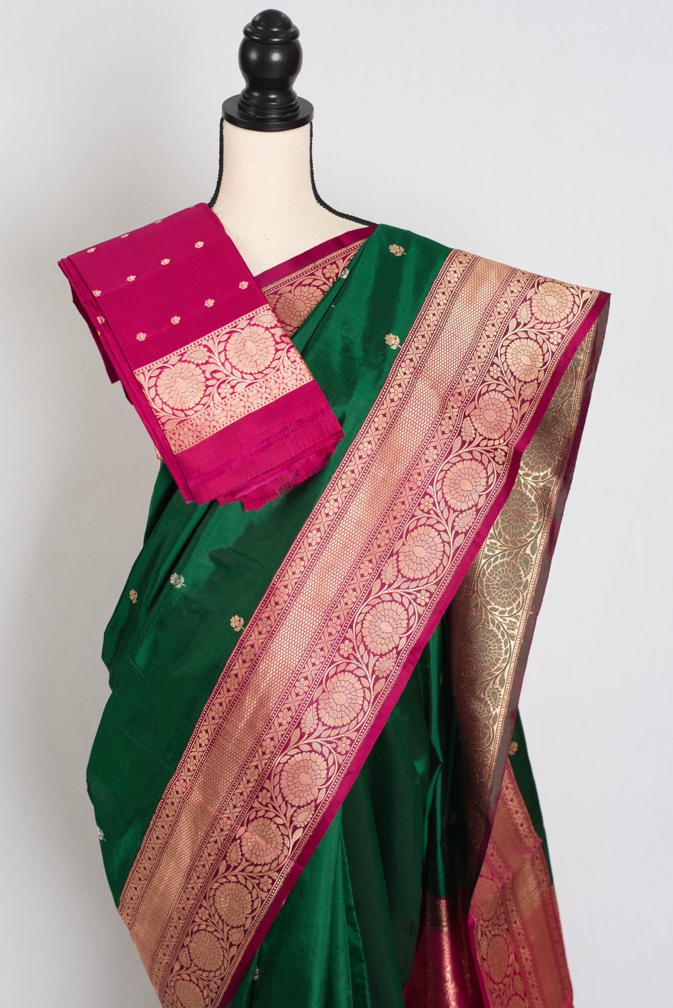 Mahi : Silk Mark Certified Katan Banarasi Saree in Green and Magenta - Saree Mandi