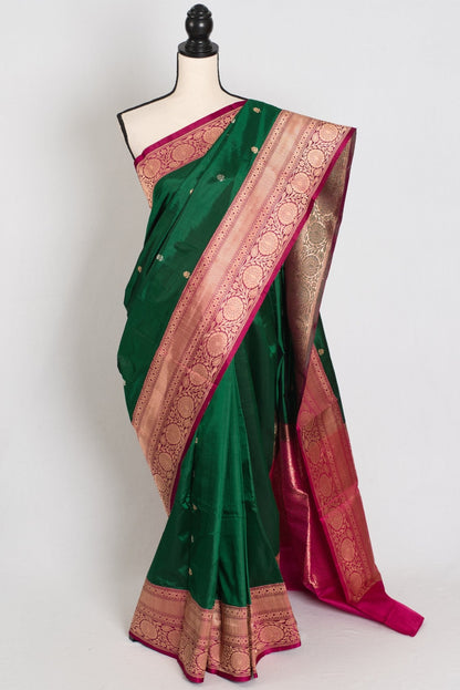 Mahi : Silk Mark Certified Katan Banarasi Saree in Green and Magenta - Saree Mandi
