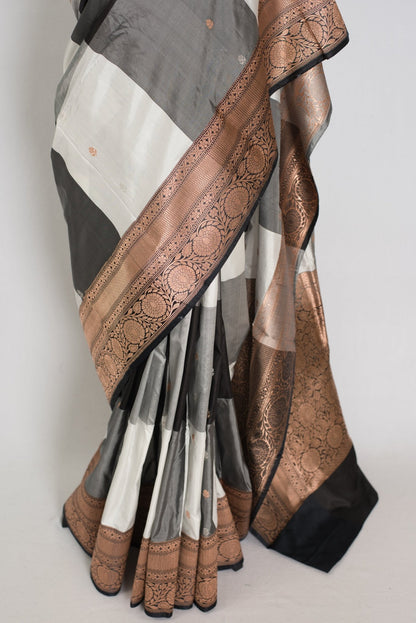 Mala: Silk Mark Certified Katan Banarasi Saree in Black & Grey - Saree Mandi