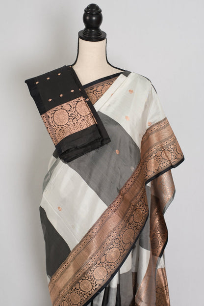 Mala: Silk Mark Certified Katan Banarasi Saree in Black & Grey - Saree Mandi