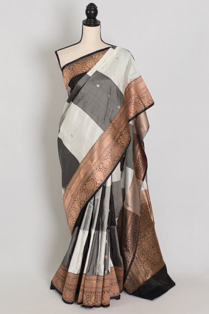 Mala: Silk Mark Certified Katan Banarasi Saree in Black & Grey - Saree Mandi