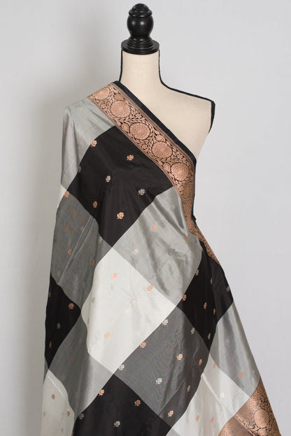 Mala: Silk Mark Certified Katan Banarasi Saree in Black & Grey - Saree Mandi