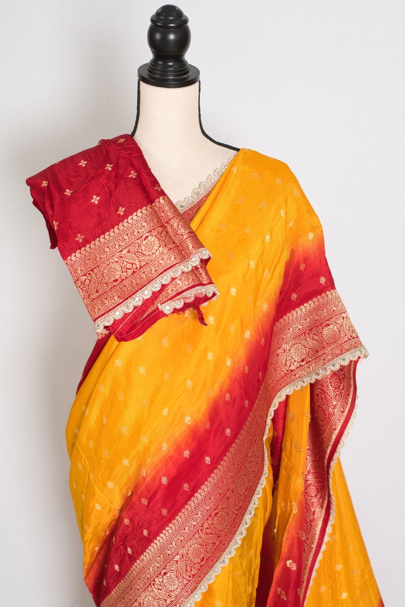 Mala | Yellow & Red Dola Silk Banarasi Saree | Soft & Flowy - Saree Mandi