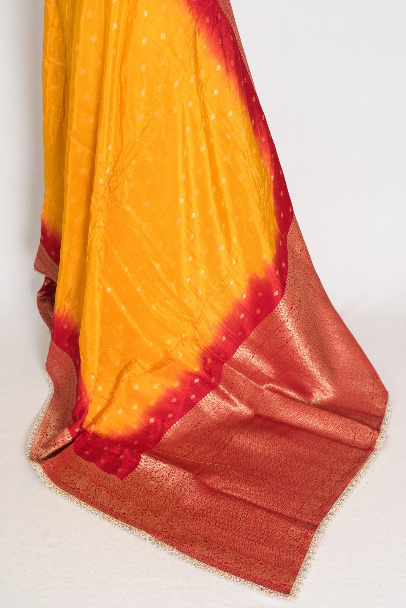 Mala | Yellow & Red Dola Silk Banarasi Saree | Soft & Flowy - Saree Mandi