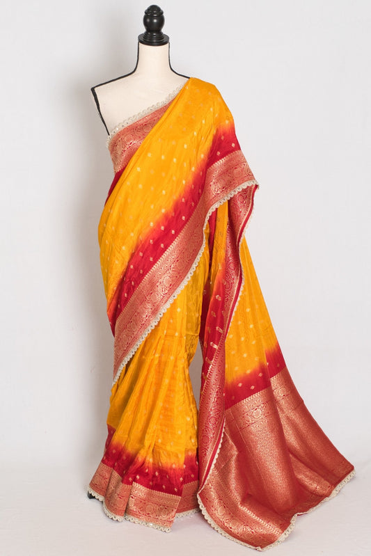 Mala | Yellow & Red Dola Silk Banarasi Saree | Soft & Flowy - Saree Mandi