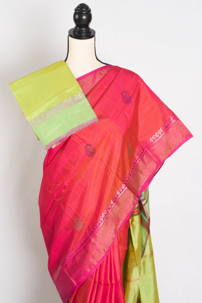 Malini : Bishnupur Katan Silk Saree in Peach Orange and Green - Saree Mandi