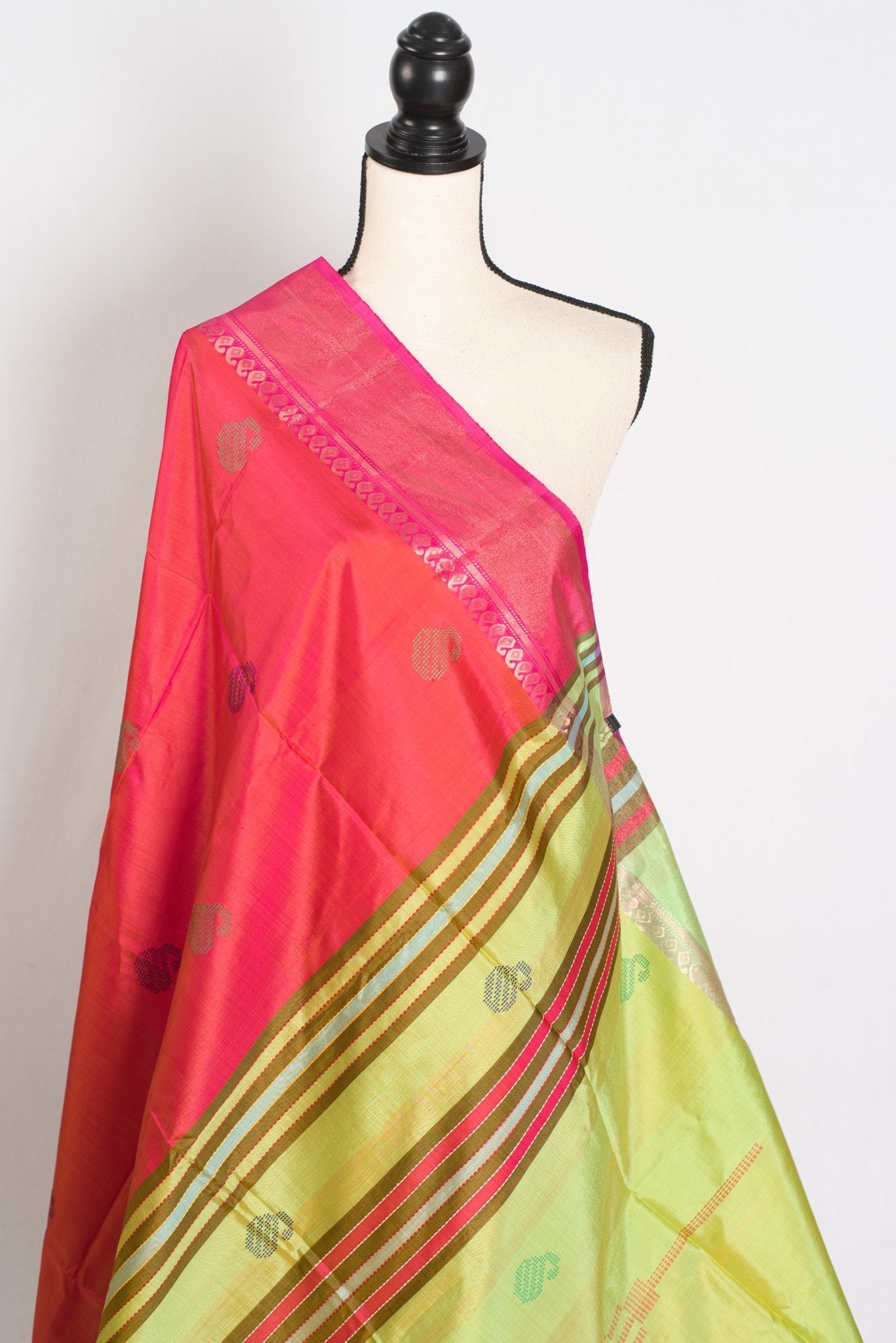Malini : Bishnupur Katan Silk Saree in Peach Orange and Green - Saree Mandi