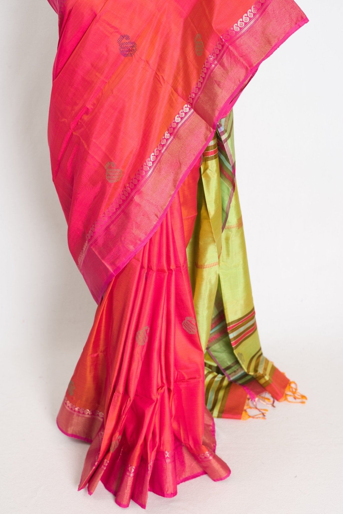 Malini : Bishnupur Katan Silk Saree in Peach Orange and Green - Saree Mandi